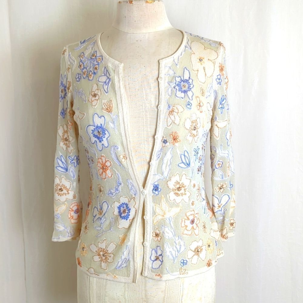 Sigrid Olsen Tan Cardigan Sweater with Metallic Accents Size Small